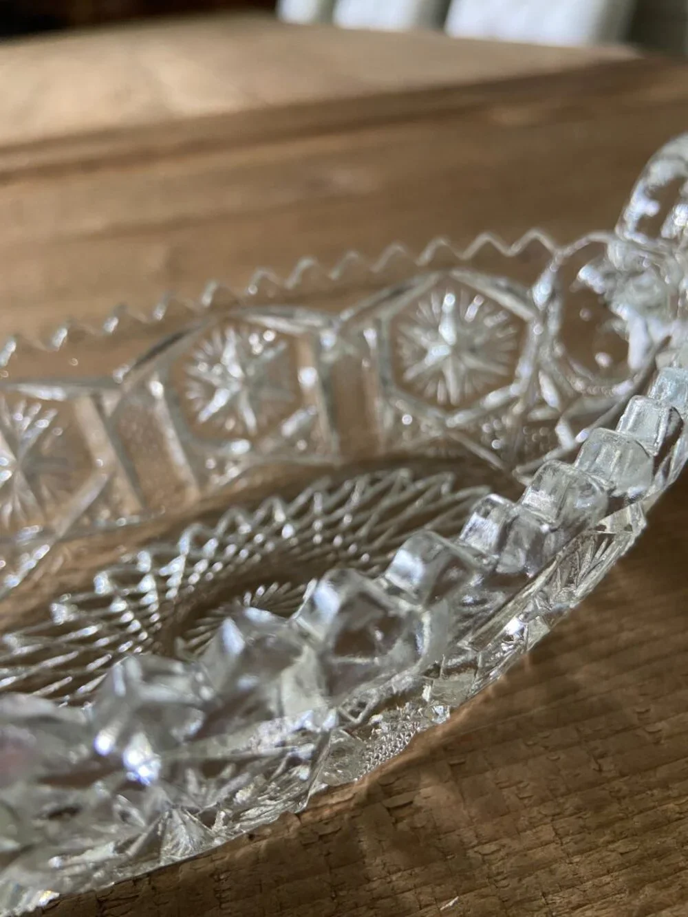 Vintage Cut Glass Canoe Boat Dish Starburst Pattern 6